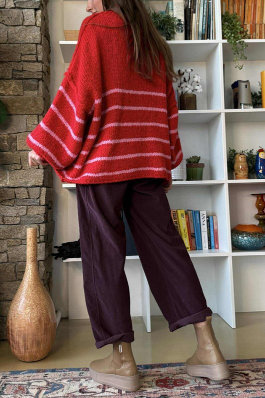 Big Softie Stripe Funnel Grunge Knit Red